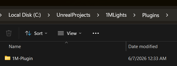 The 1MLights plugin folder placed inside the project's Plugins folder