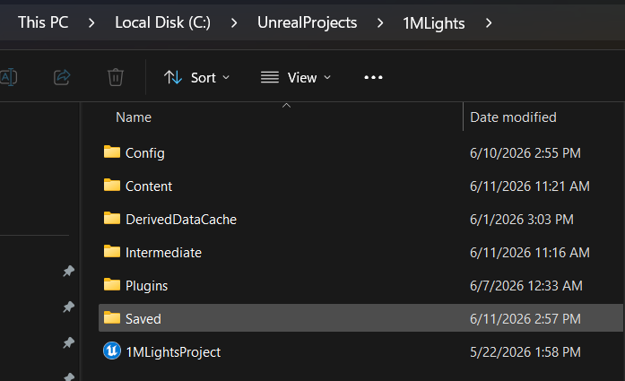 Root of an Unreal Engine project folder shown in the file explorer