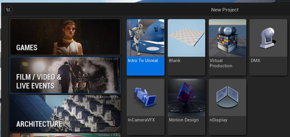 Unreal Engine template browser with the DMX template selected under Film/Video and Live Events
