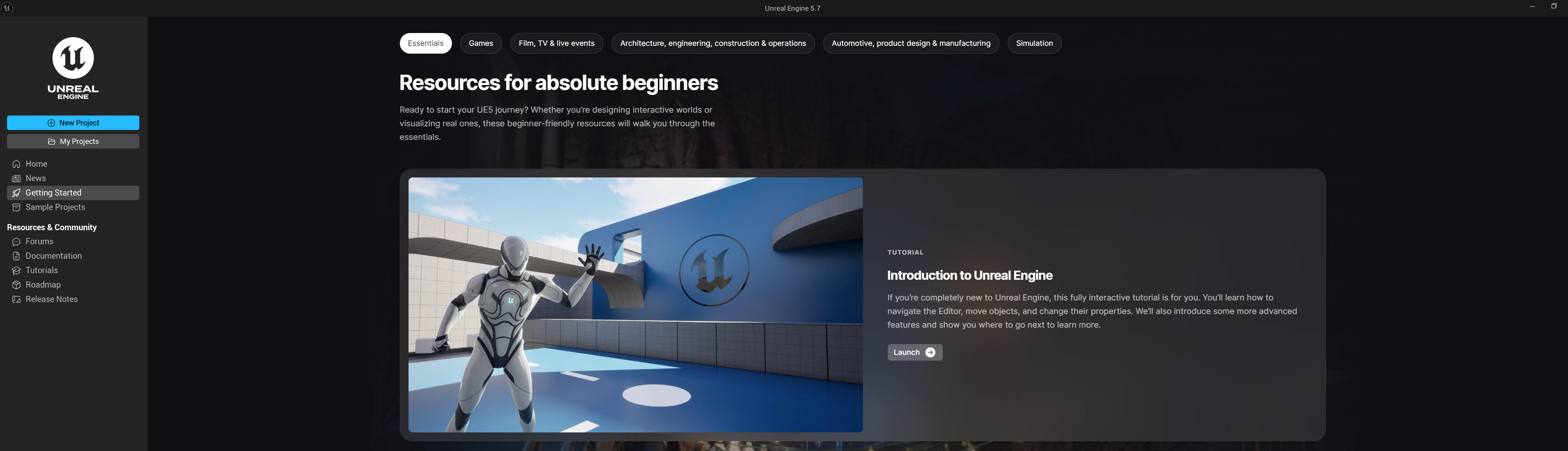 Unreal Engine Getting Started screen showing the Essentials tutorial tab