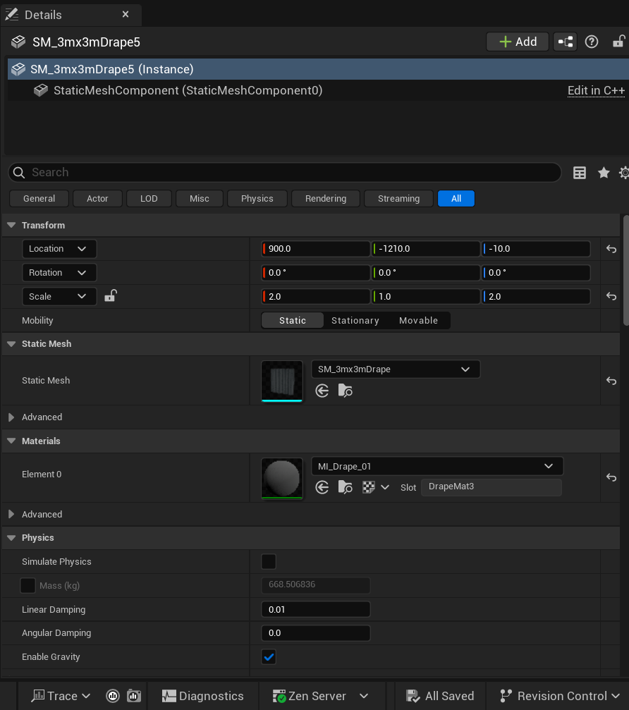 Unreal Engine Details panel showing properties for a selected Static Mesh Actor