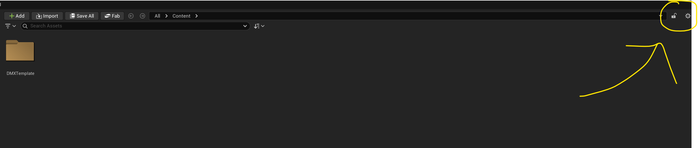 Gear icon in the top-right corner of the Unreal Engine Content Browser