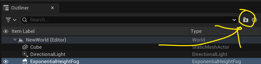 Outliner showing the folder icon and a right-click menu with Create New Folder highlighted