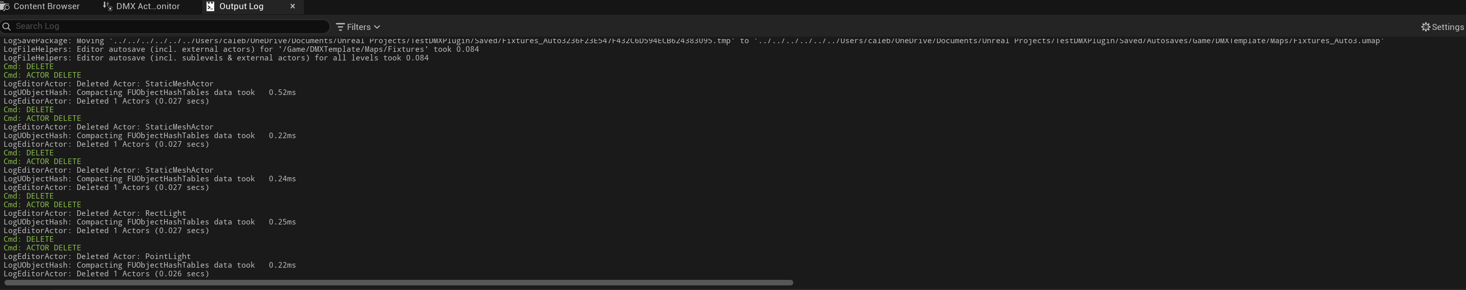 Unreal Engine Output Log panel showing a text readout of engine activity