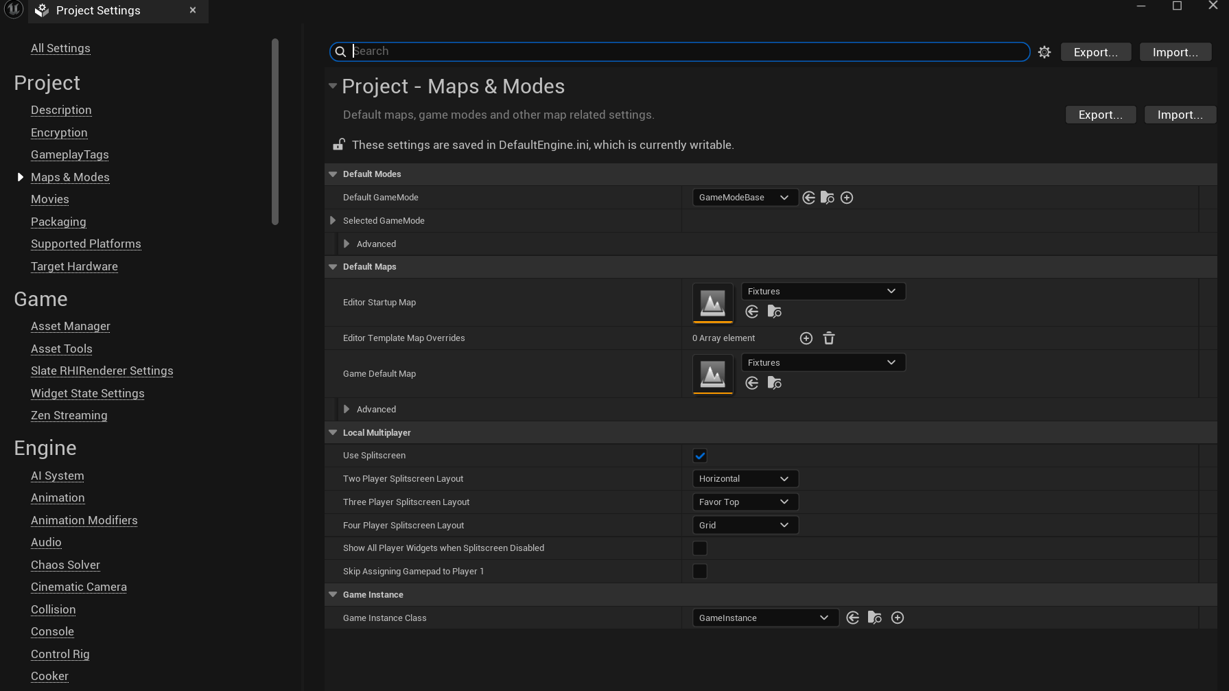 Unreal Engine Project Settings window showing the Editor Startup Map dropdown
