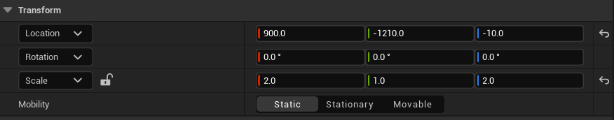 Transform section of the Unreal Engine Details panel showing Location, Rotation, and Scale fields