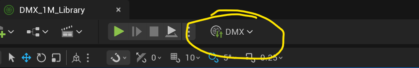 Unreal Engine top menu bar showing the DMX dropdown with a plug icon