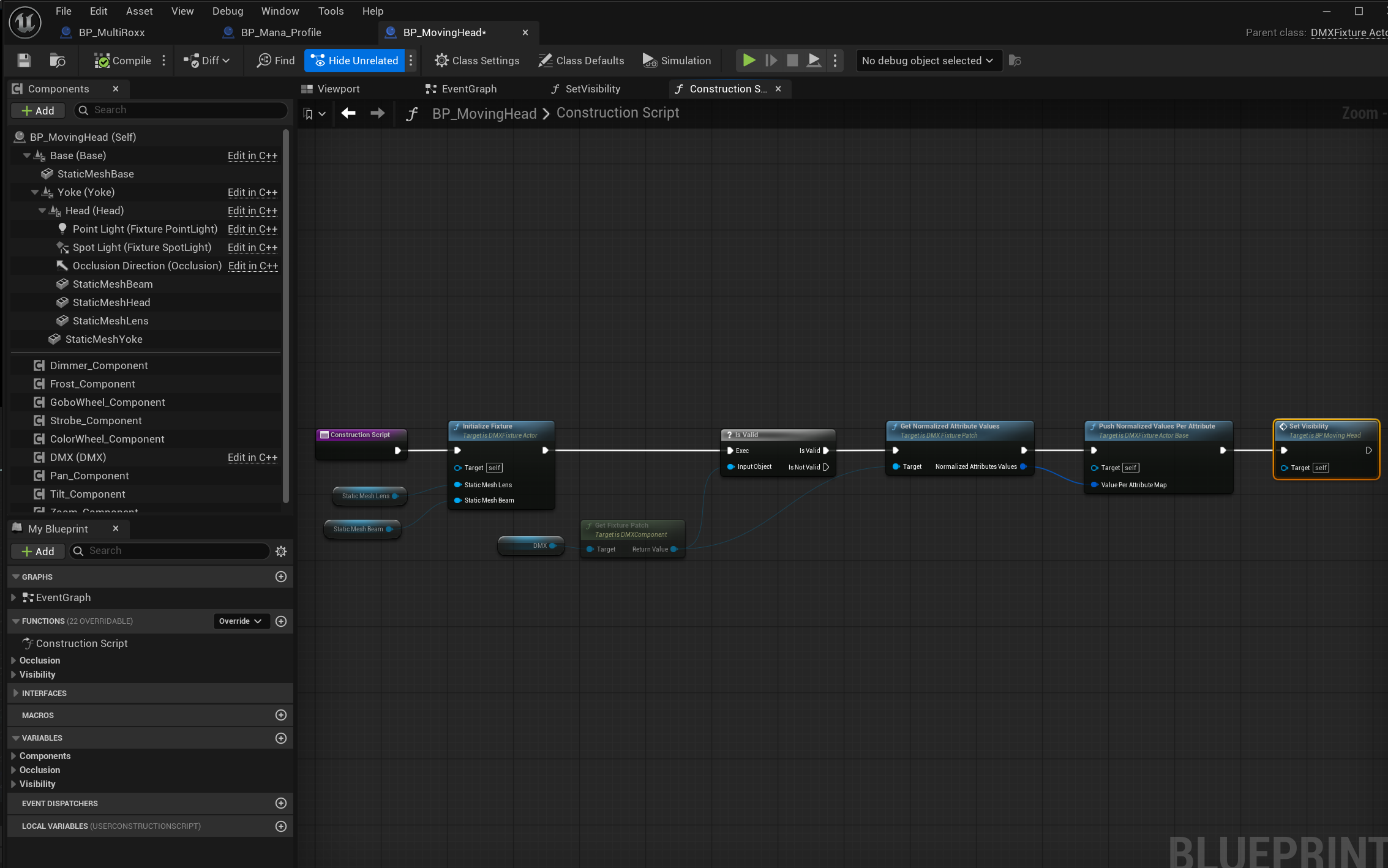 Blueprint editor showing the moving head fixture logic and component list