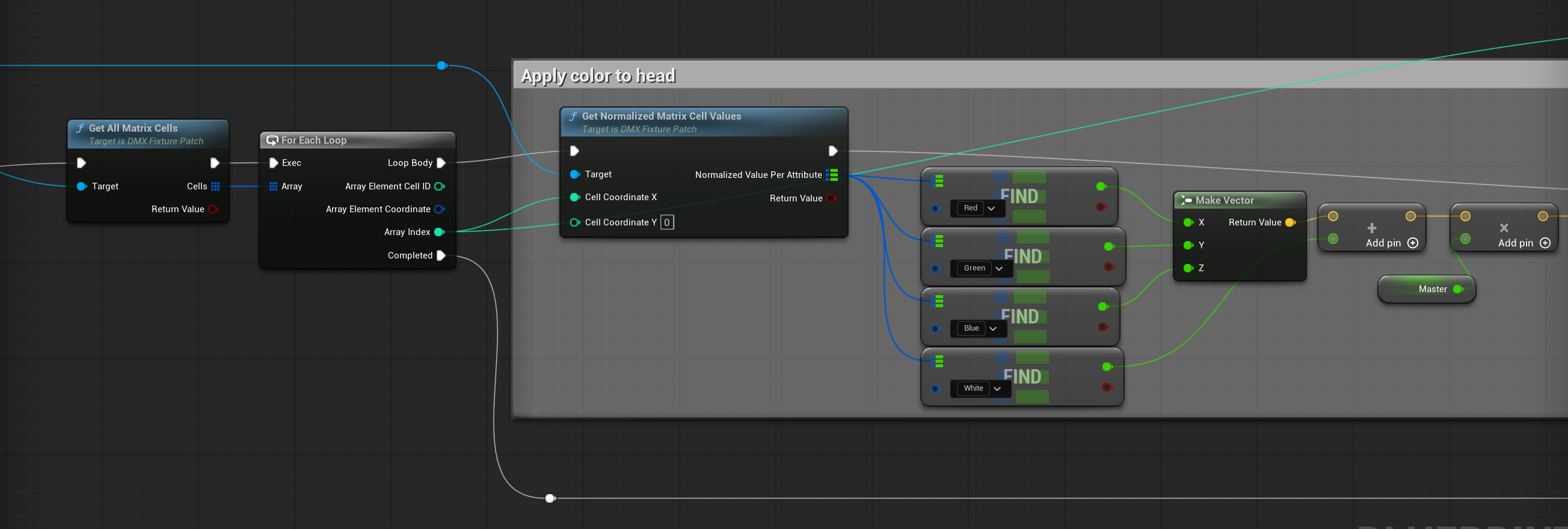 Blueprint code showing how to get matrix cell values