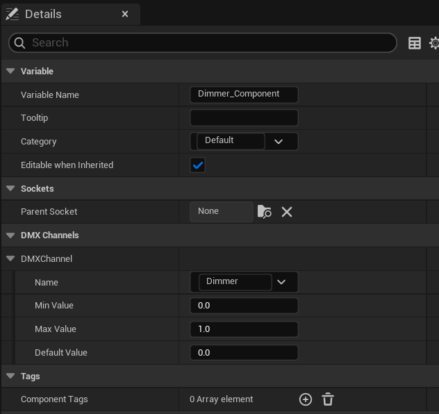 Details panel for the Dimmer Component showing the DMXChannel Name field