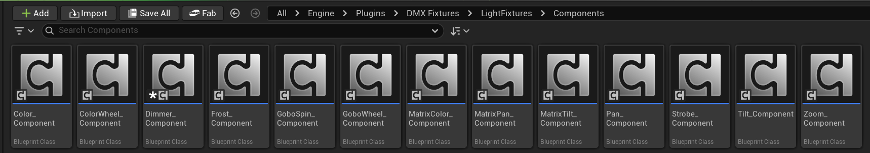 Content Browser showing the DMX fixture components folder