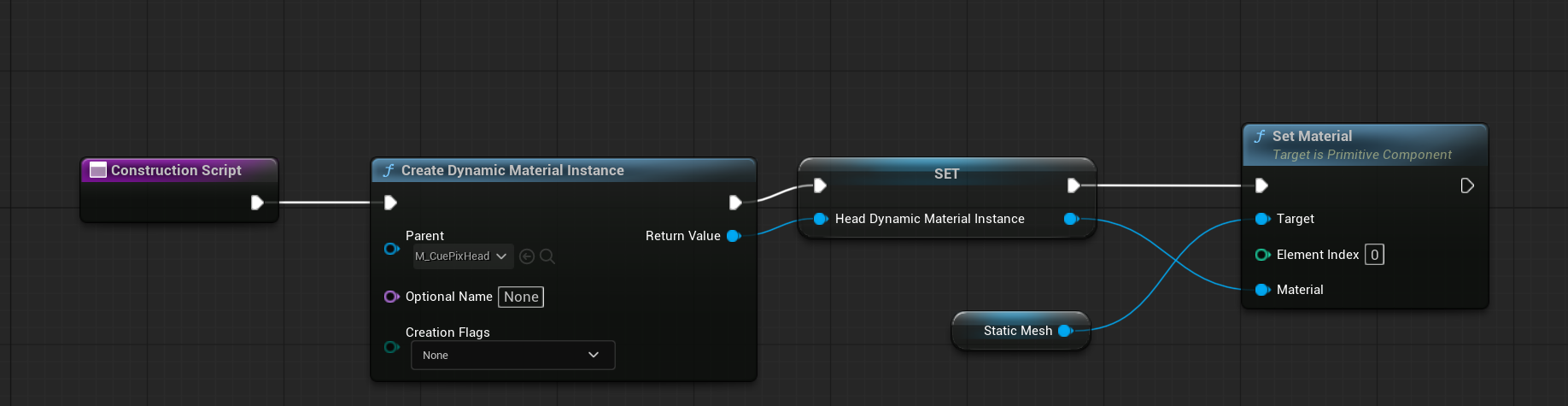 Construction Script Blueprint showing a Dynamic Material Instance being created and stored to a variable