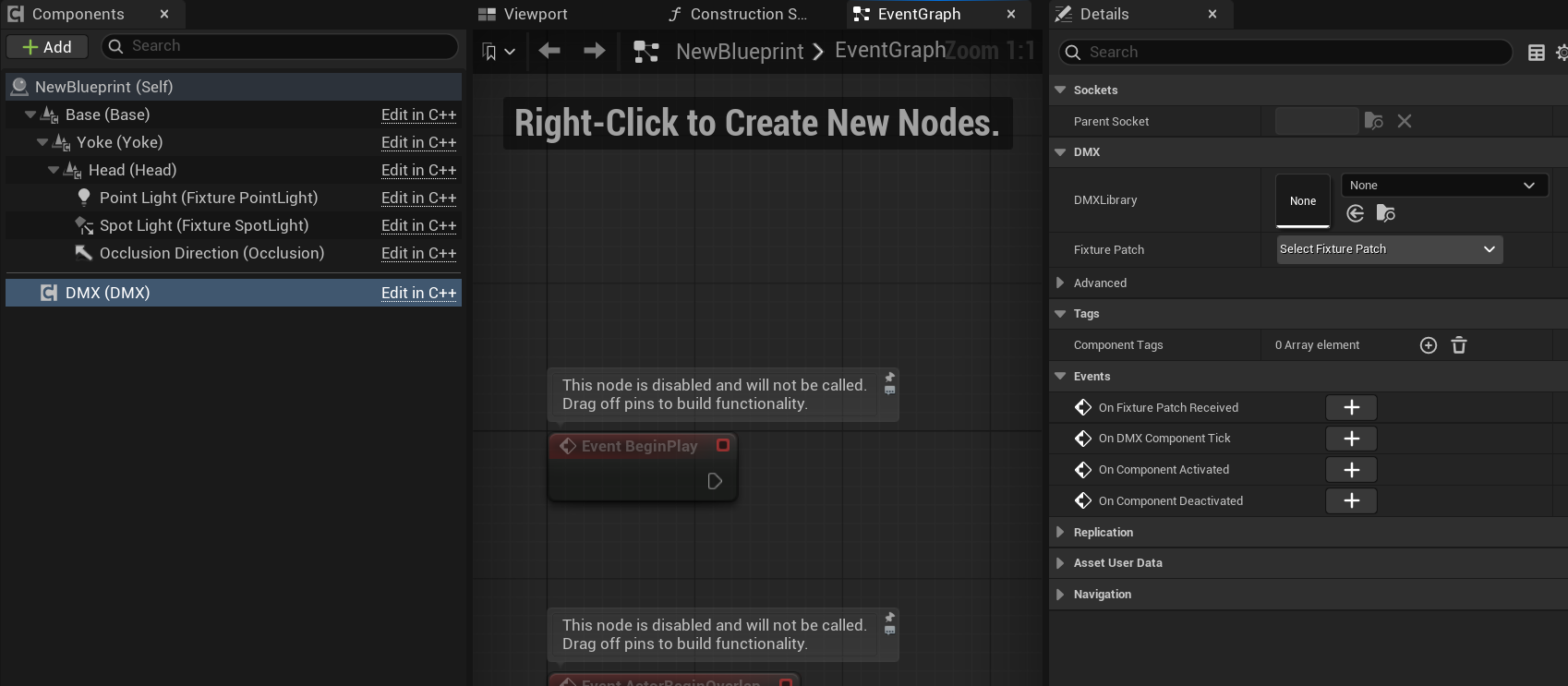 DMX component inside a new Blueprint created from the DMXFixtureActor class