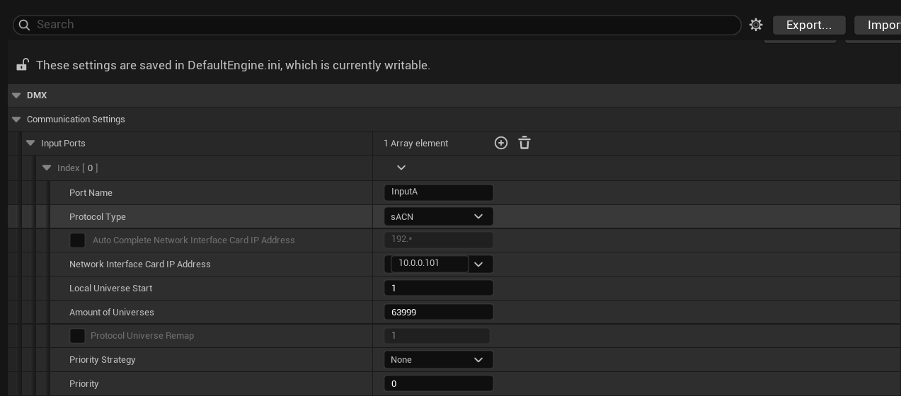 Project Settings DMX Input Ports configuration screen