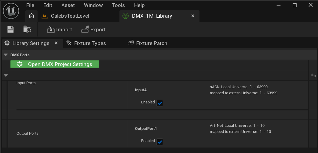 DMX Library panel in Unreal Engine showing raw DMX input