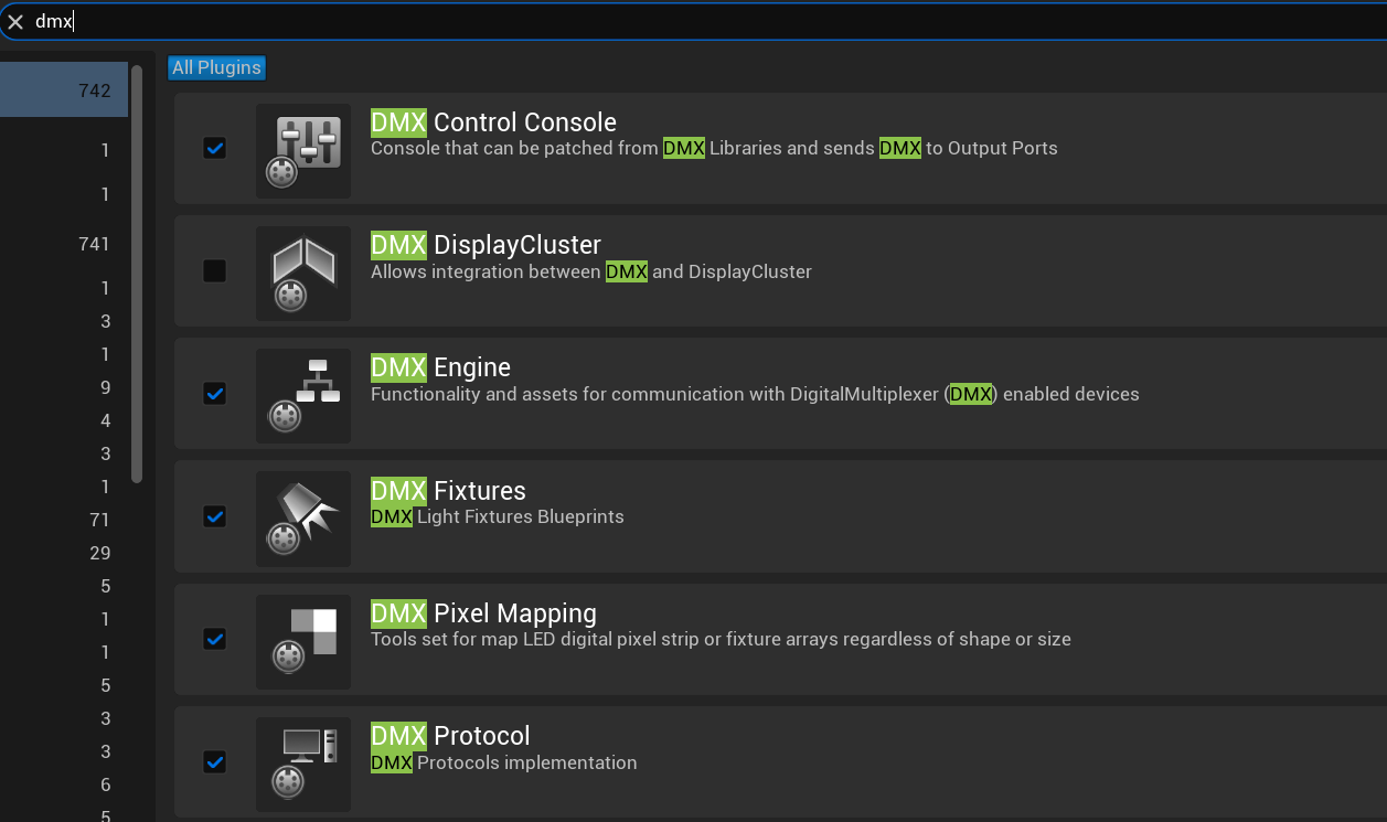 Unreal Engine Plugins window showing the DMX plugin group with DMX Control Console, Engine, Fixtures, and Protocol enabled