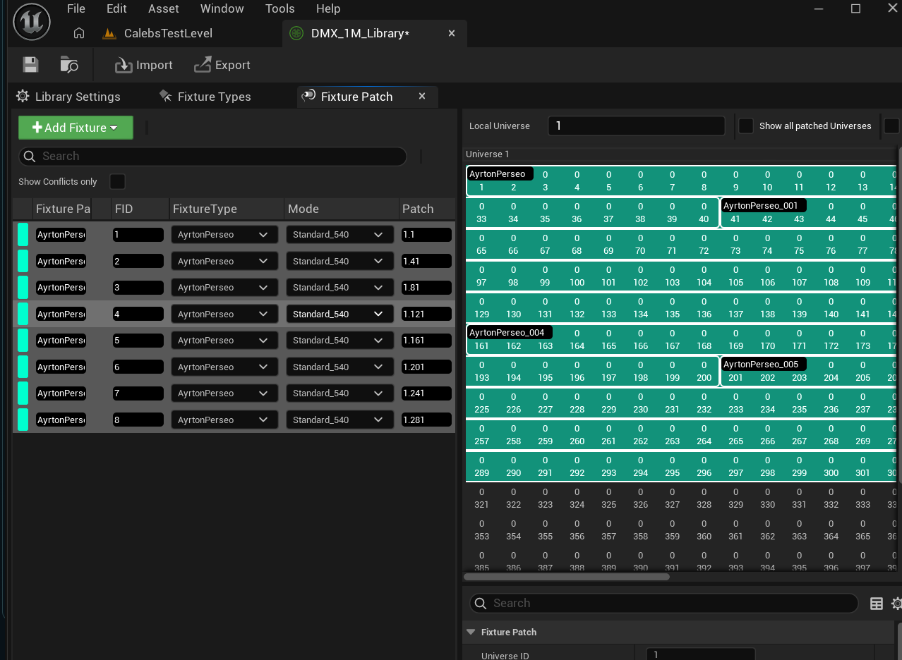 DMX Library patch view showing fixture patches with universe and start address