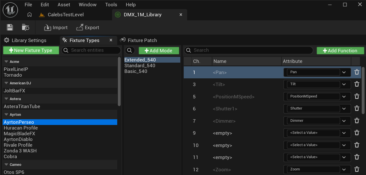 DMX Library fixture types list showing modes and attribute names