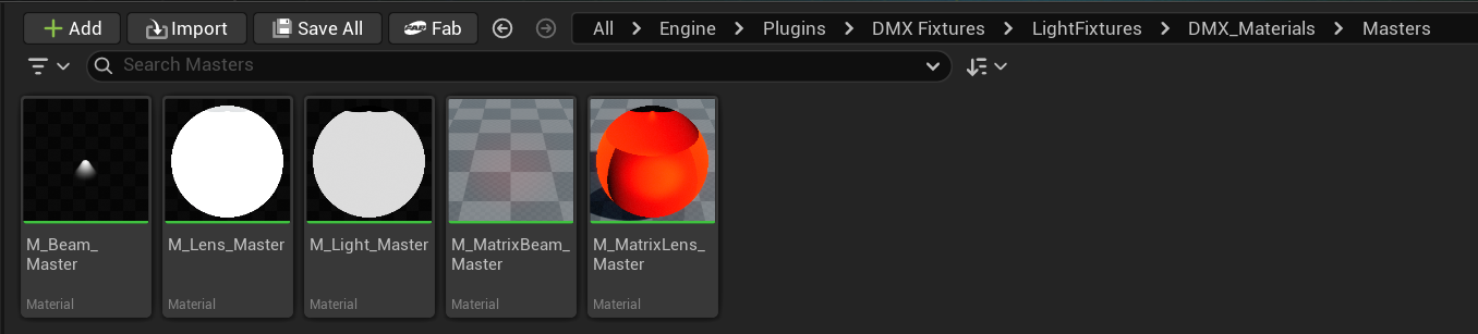 Content Browser showing the DMX Master Materials folder