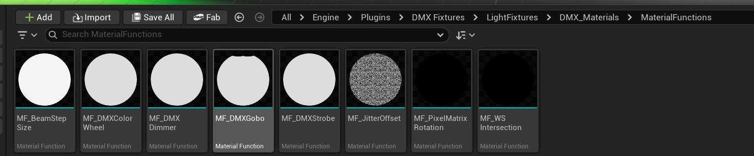 Content Browser showing the DMX Material Functions folder