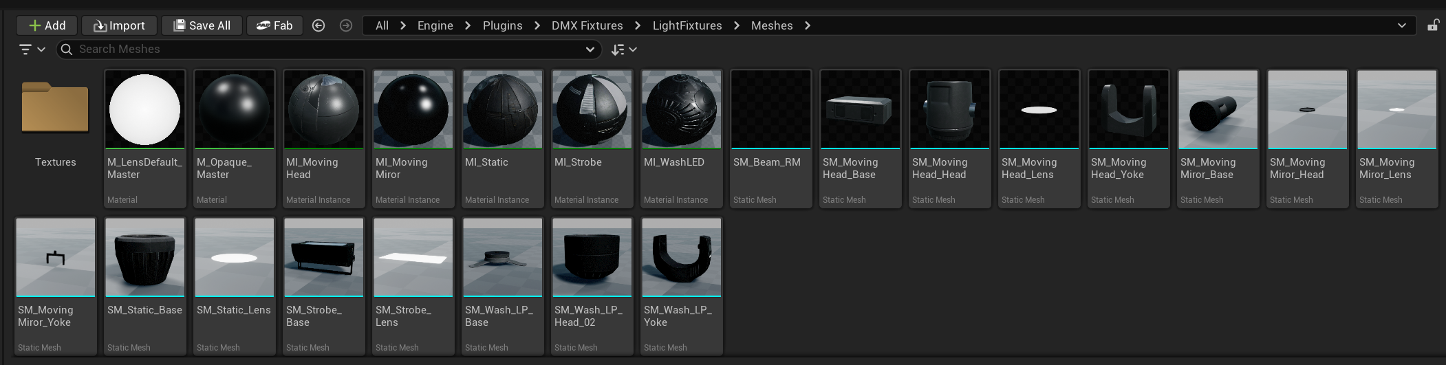 Content Browser showing the DMX fixture meshes folder