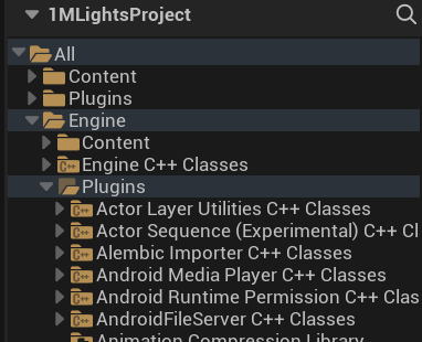 Content Browser directory panel showing the Engine/Plugins folder structure