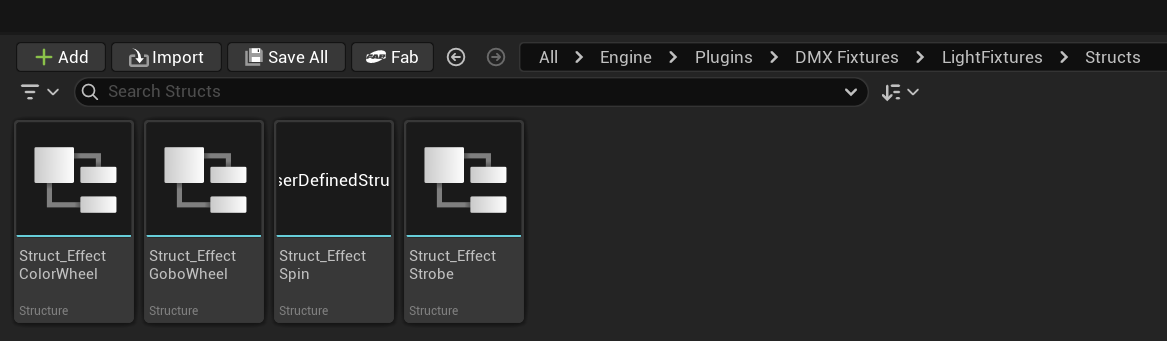 Content Browser showing the DMX structs folder