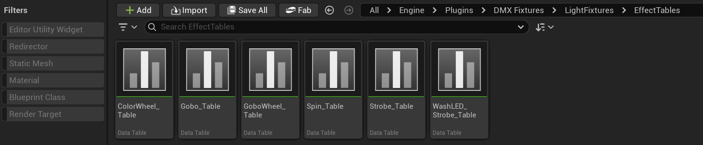 Content Browser showing the DMX effect data tables folder